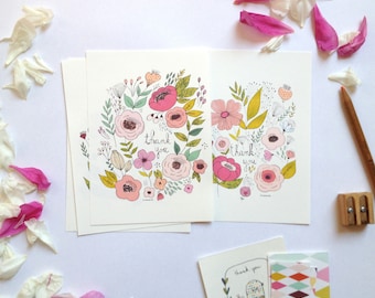 4 Cartes de remerciement, cartes simples, illustrations de fleurs et feuilles, rose, thank you