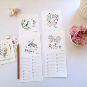 Birthday calendar with a ribbon, perpetual calendar illustrated with birds and flowers image 2