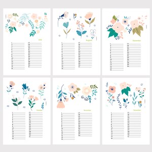 Floral birthday calendar, perpetual illustrated calendar, flowers illustrations image 7