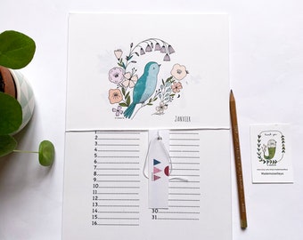 Calendrier perpétuel illustré pour noter les anniversaires format A4, fleurs, oiseaux