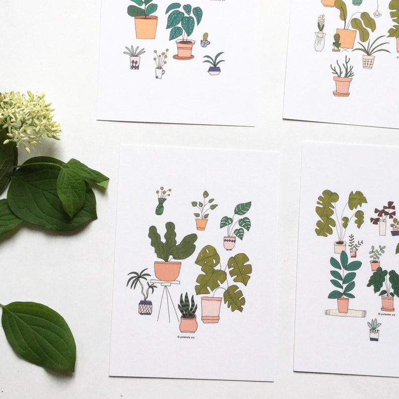 May include: A set of four printable art prints featuring illustrations of various potted plants in a minimalist style. The prints are in black, white, green, and brown.