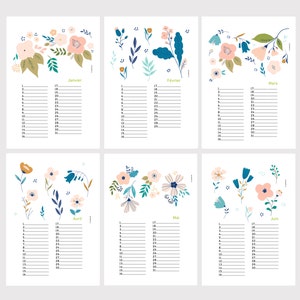 Floral birthday calendar, perpetual illustrated calendar, flowers illustrations image 4