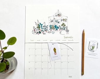 Calendrier SCOLAIRE 2026 2027, illustrations de serres, plantes, jardins, fleurs, avec un tableau A4