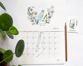 2024 kalender, 2024 wandkalender A4, 2024 geïllustreerde kalender, vogels, bloemen illustraties