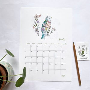 2024 calendar, 2024 wall calendar A4, 2024 illustrated calendar, birds, flowers illustrations image 8