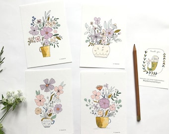 4 cartes bouquet de fleurs, carte simple fleurie