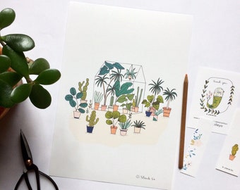 Greenhouse poster A4, illustration cactus and plants