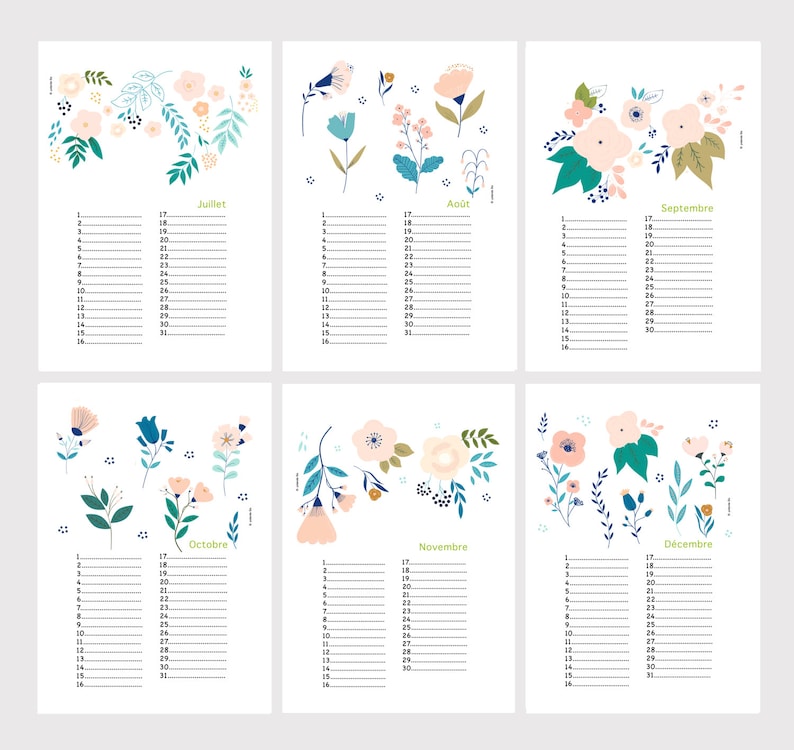 Floral birthday calendar, perpetual illustrated calendar, flowers illustrations image 5