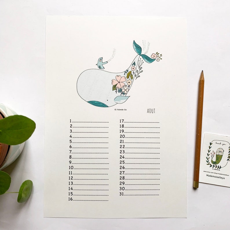 Perpetual birthday calendar, birds, botanical illustrations, perpetual calendar illustrated A4 imagem 6