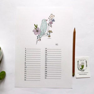 Perpetual birthday calendar, birds, botanical illustrations, perpetual calendar illustrated A4 imagem 4