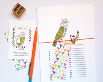 Perpetual birthday calendar, birds, botanical illustrations