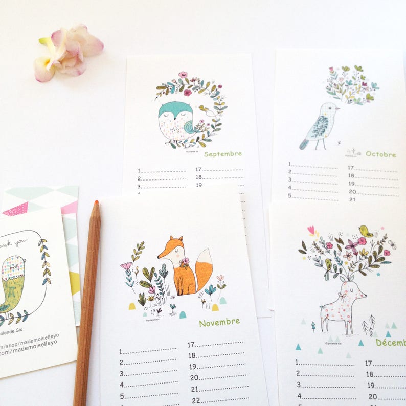 Birthday calendar with a ribbon, perpetual calendar illustrated with birds and flowers image 4