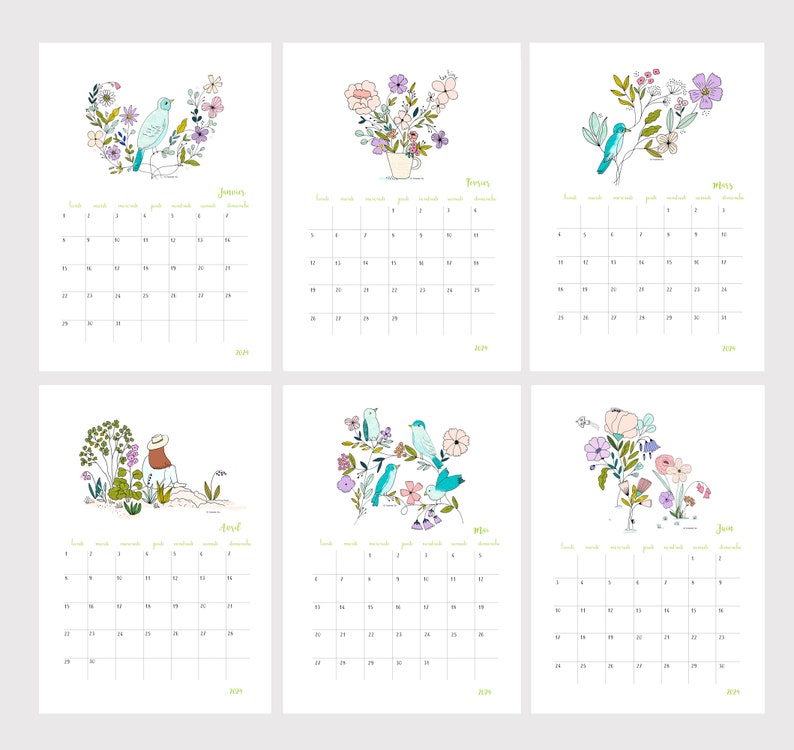 2024 calendar, 2024 wall calendar A4, 2024 illustrated calendar, birds, flowers illustrations image 4