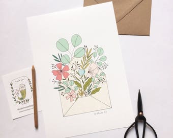 Botanical poster, floral bouquet illustration A4