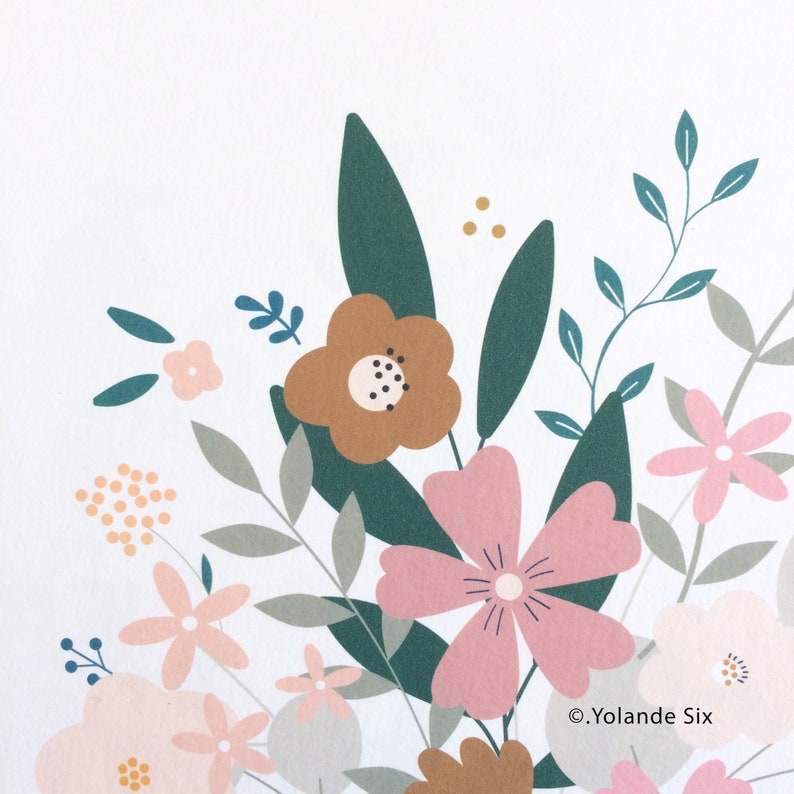 May include: A digital illustration of a bouquet of flowers in shades of pink, brown, and green. The flowers are stylized and have a simple, modern design. The background is white.