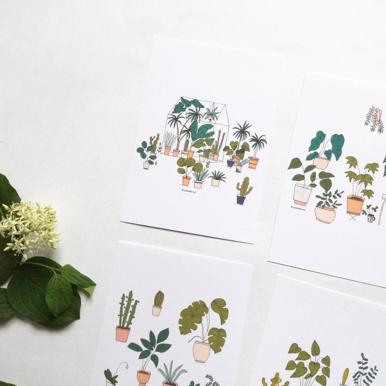 May include: Set of four printable art prints featuring illustrations of potted plants. The prints feature a variety of plants, including ferns, succulents, and cacti. The prints are in a minimalist style with black outlines and muted colors.