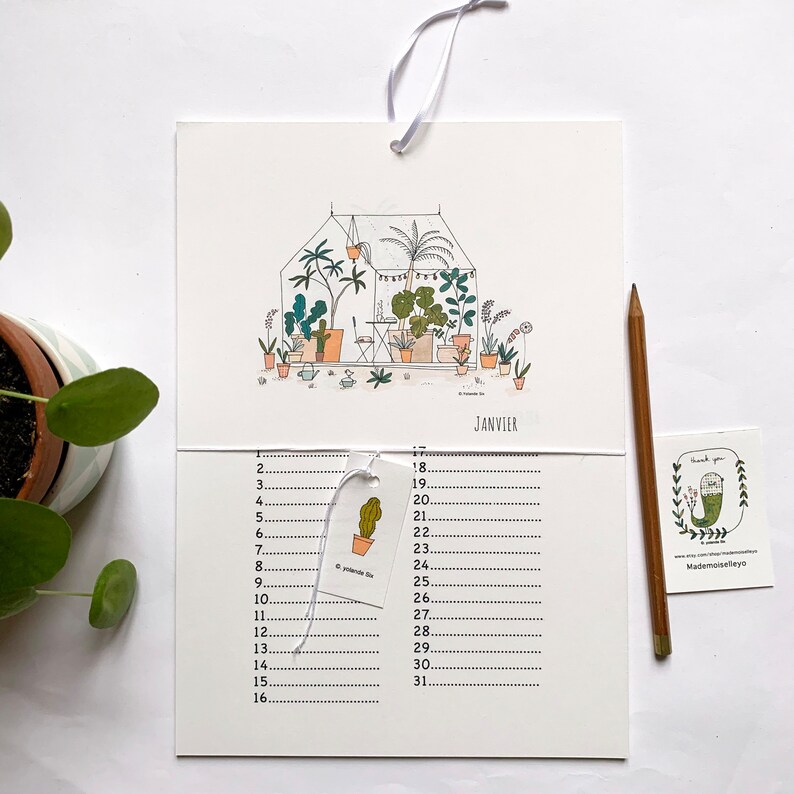 Birthday wall calendar, greenhouse illustrations français avec ruban