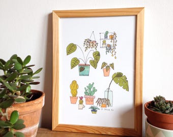 Vetplanten poster, kamerplant illustratie, stedelijke jungle illustratie, cactus, monstera, vetplanten A4-formaat