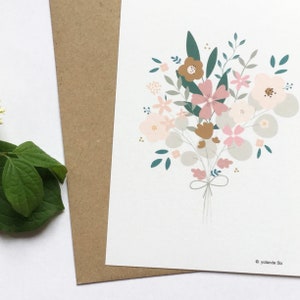 May include: A bouquet of pink, brown, and gray flowers with green leaves and a gray ribbon tied around the stems. The flowers are arranged in a loose, natural style.