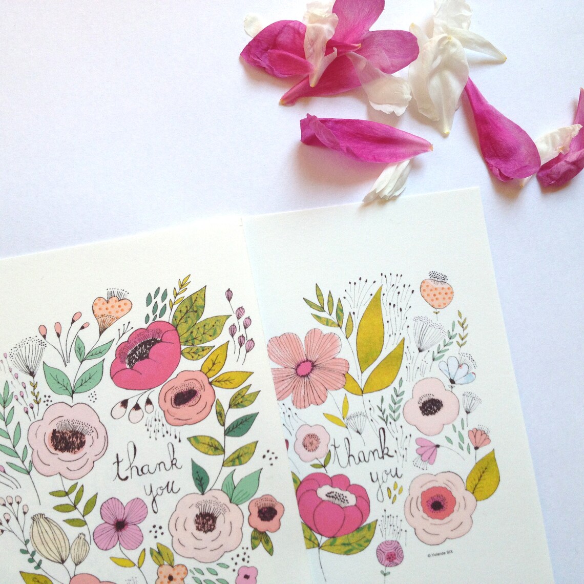 Floral Thank You Cards Set, Simple Cards, Pink Flowers Illustration - Etsy