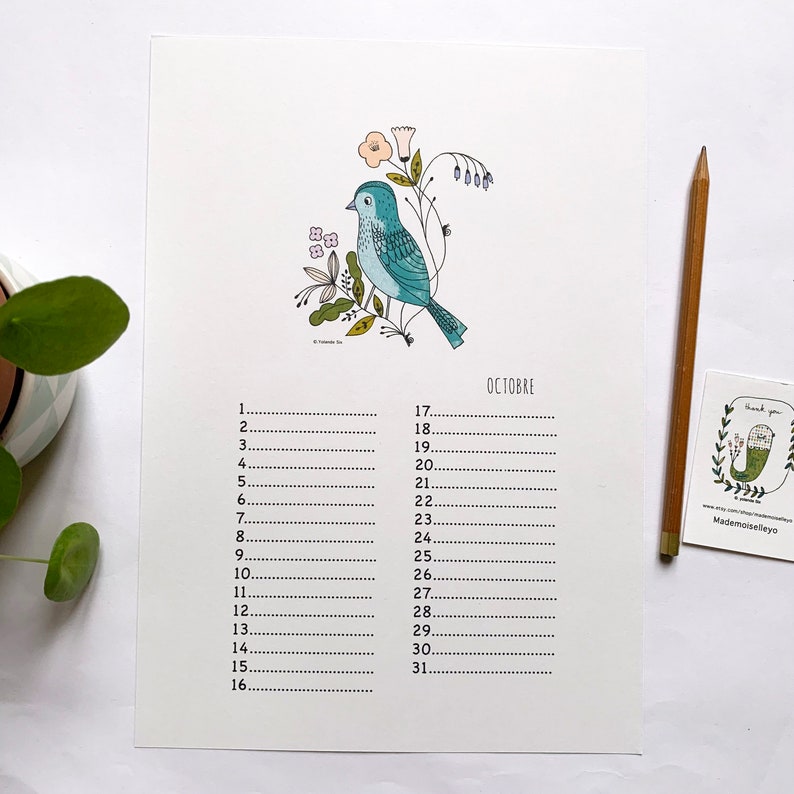 Perpetual birthday calendar, birds, botanical illustrations, perpetual calendar illustrated A4 imagem 8