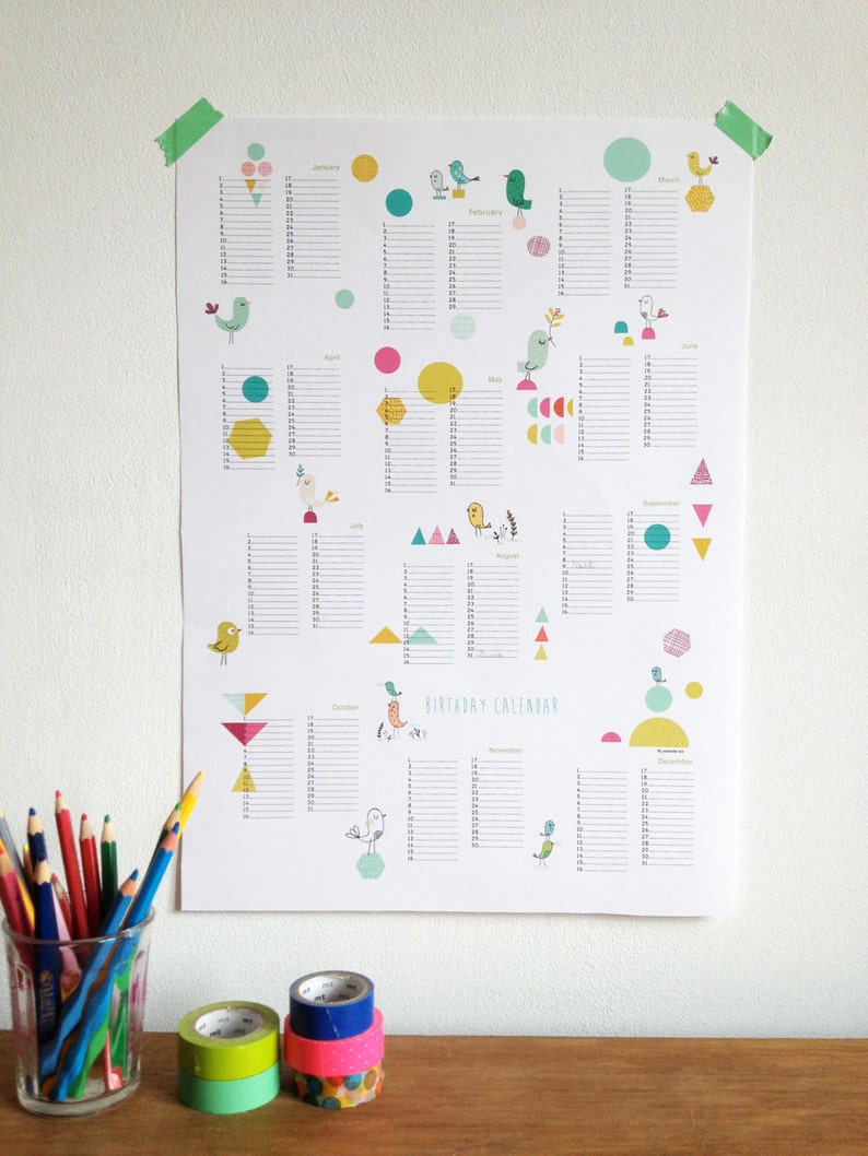 Birthday Calendar poster size A3, instant digital download image 1