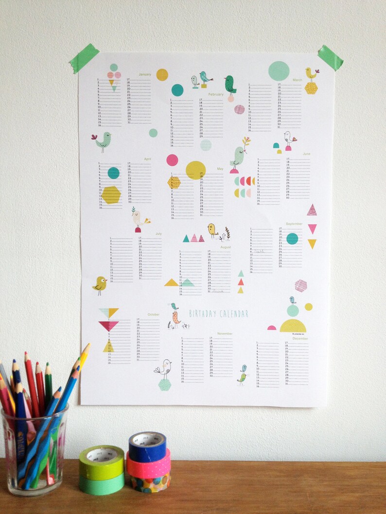 Birthday Calendar Poster Size A3 Instant Digital Download Etsy Israel