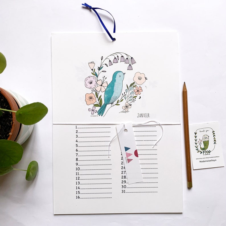 Perpetual birthday calendar, birds, botanical illustrations, perpetual calendar illustrated A4 imagem 10