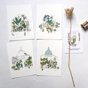 4 Cartes illustrées serres tropicales, jardins et plantes vertes, carte simple 10,5 x15 cm