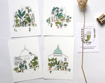 4 Cartes illustrées serre tropicales, jardin et plantes exotiques