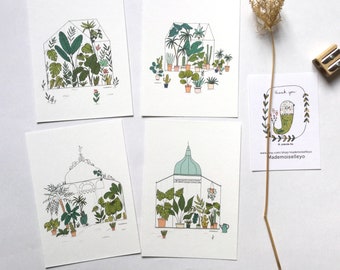 Botanical cards, greenhouse, 4 cards set