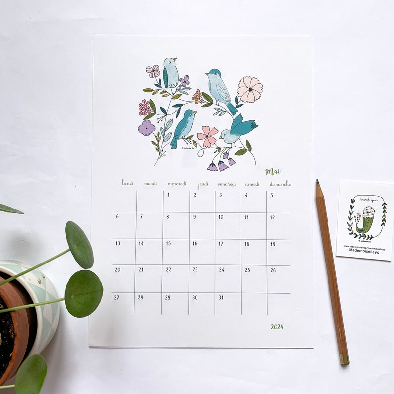 2024 calendar, 2024 wall calendar A4, 2024 illustrated calendar, birds, flowers illustrations image 7