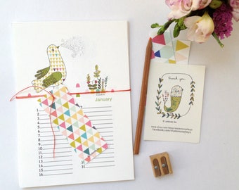 Perpetual birthday calendar, birds, botanical illustrations
