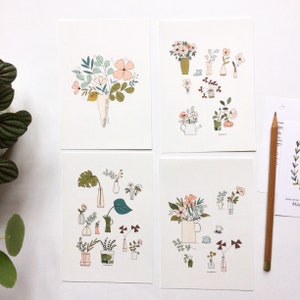 4 Cartes simples illustrées, carte fleurie, illustrations plantes et fleurs