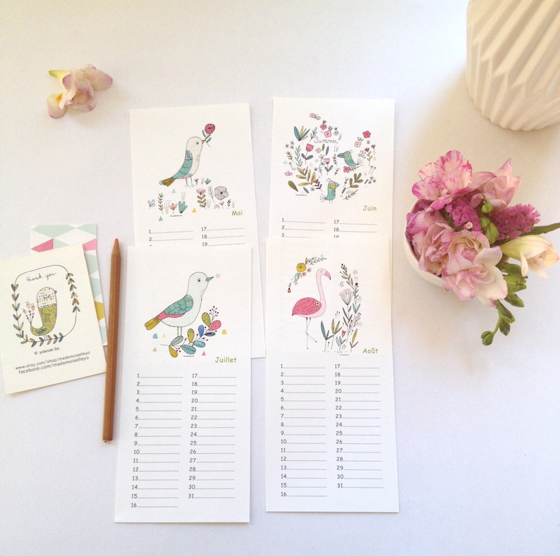 Birthday calendar with a ribbon, perpetual calendar illustrated with birds and flowers image 3