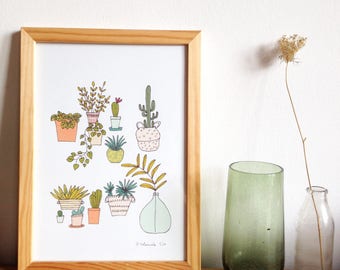 Affiche, illustration de plantes vertes et cactus, format A4