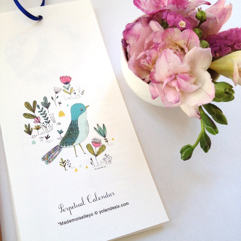 Birthday calendar with a ribbon, perpetual calendar illustrated with birds and flowers image 5