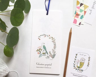 Kalender med illustrationer av fåglar och blommor för att markera födelsedagar, evighetskalender