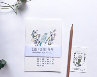 Calendario de pared de escritorio 2024 A6, calendario ilustrado 2024, calendario de flores y pájaros