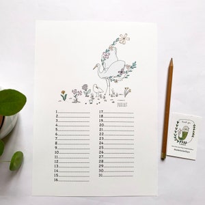 Perpetual birthday calendar, birds, botanical illustrations, perpetual calendar illustrated A4 imagem 5