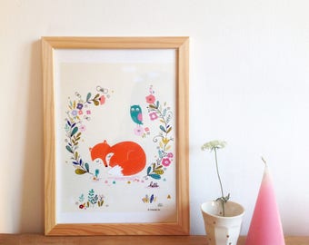 Illustration d'un renard endormi, Poster A4 décoration chambre enfant, affiche illustrée animaux