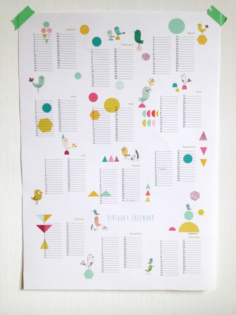 Birthday Calendar poster size A3, instant digital download image 2