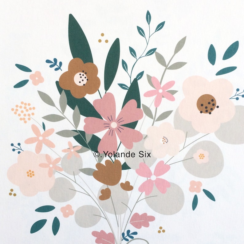 May include: A digital illustration of a bouquet of flowers in shades of pink, brown, and green. The flowers are arranged in a loose, organic style, and the background is white.