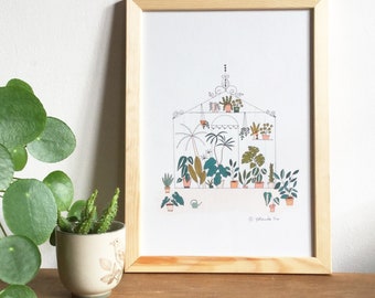 Greenhouse poster A4, art print illustrated with plants