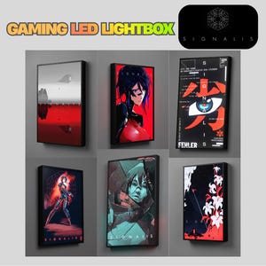 May include: A collection of six rectangular gaming LED lightboxes featuring Signalis artwork. The designs include a red and white landscape, a character portrait, a graphic eye with text, a standing figure, a fragmented face, and white lilies.