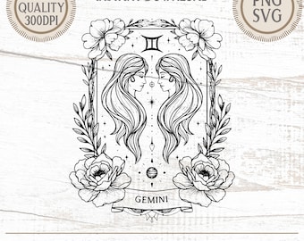 希少 ビンテージ ZODIAC Gemini 双子座 グラフィックプリントガラス Gemini Twins Zodiac Sign Art | Mystical Line Art Design PNG SVG