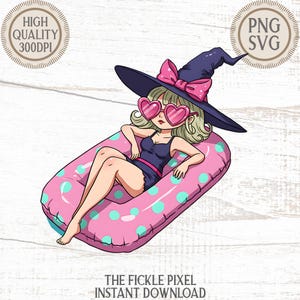 May include: A cartoon illustration of a person wearing a witch hat with a pink bow, heart-shaped sunglasses, and a swimsuit, lounging on a pink inflatable pool float with teal polka dots. The text "THE FICKLE PIXEL INSTANT DOWNLOAD" is at the bottom.