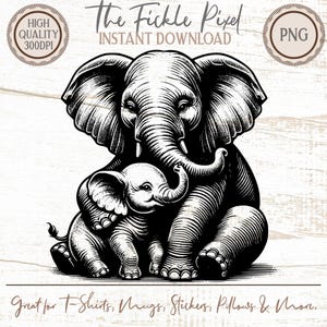 May include: A detailed black and white illustration of a mother elephant and her calf. The mother elephant is seated, with the baby elephant in front. The image includes the text "The Fickle Pixel" and "Instant Download". Suitable for t-shirts, mugs, stickers, pillows, and more.
