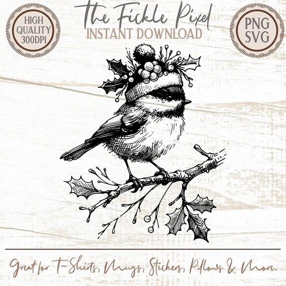 Winter Bird on Holly Branch PNG SVG | Vintage Christmas Hat Bird Clipart | Holiday Craft Design | Festive Sublimation Graphics