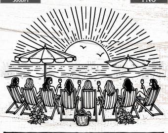 Strandvrienden drinken wijn SVG – Vintage 8 meisjes reis tropische scène | Digitale download voor shirts, mokken en knutselwerkjes | 300 dpi Clipart